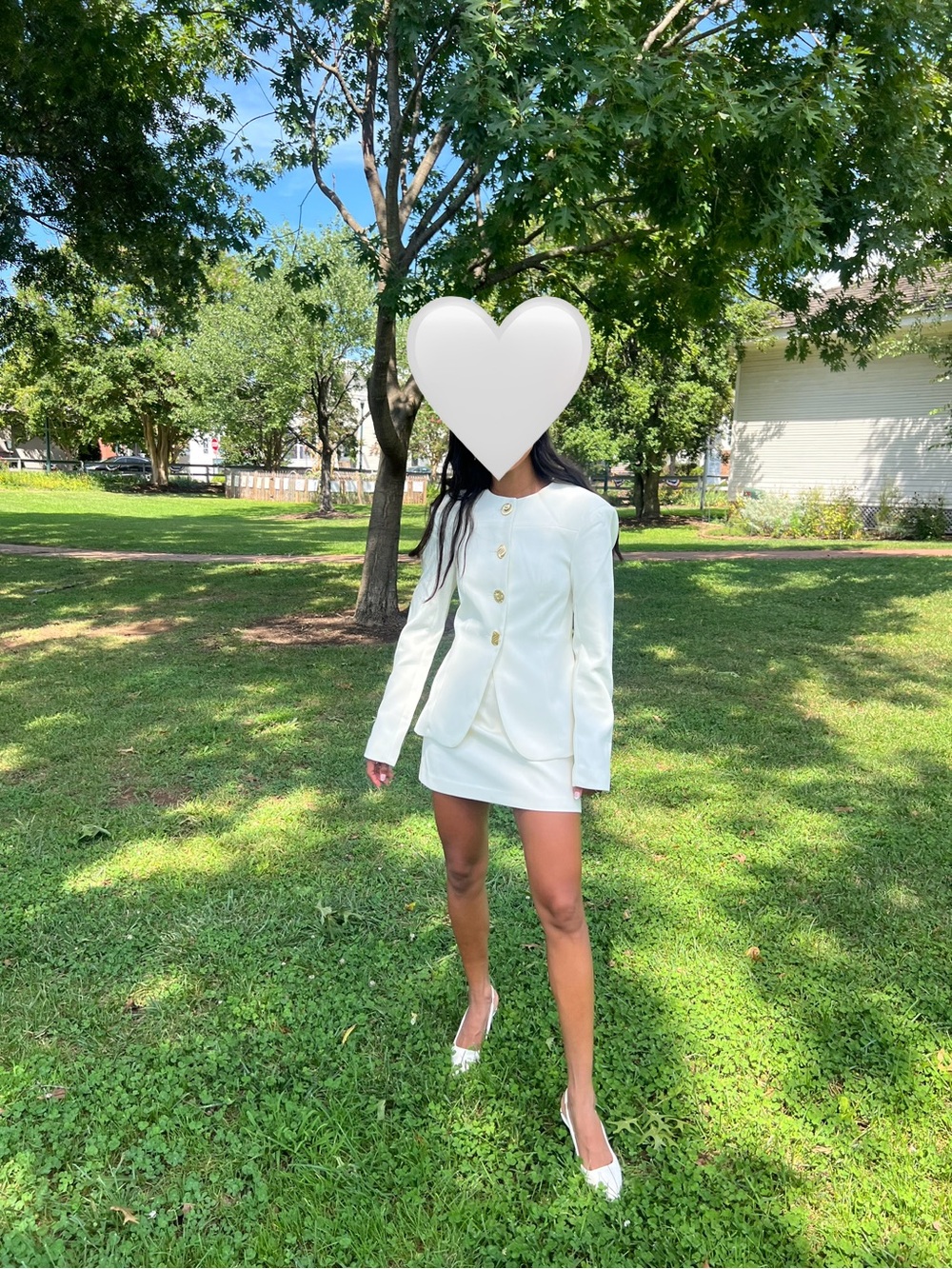 Elegant White Button-Front Long Sleeve Blaser and Skirt